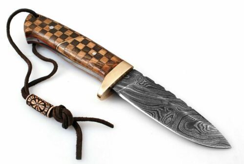 Custom Hand-Forged Damascus Bowie Knife – Wood Handle with Brass Guard & Leather Sheath (8")