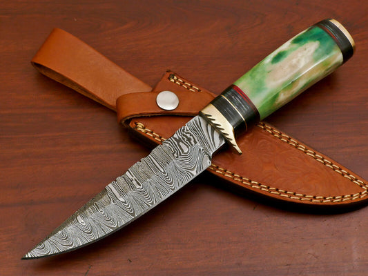 10 Inch Handmade Damascus Steel Hunting Knife with Camel Bone and Pakka Wood Handle