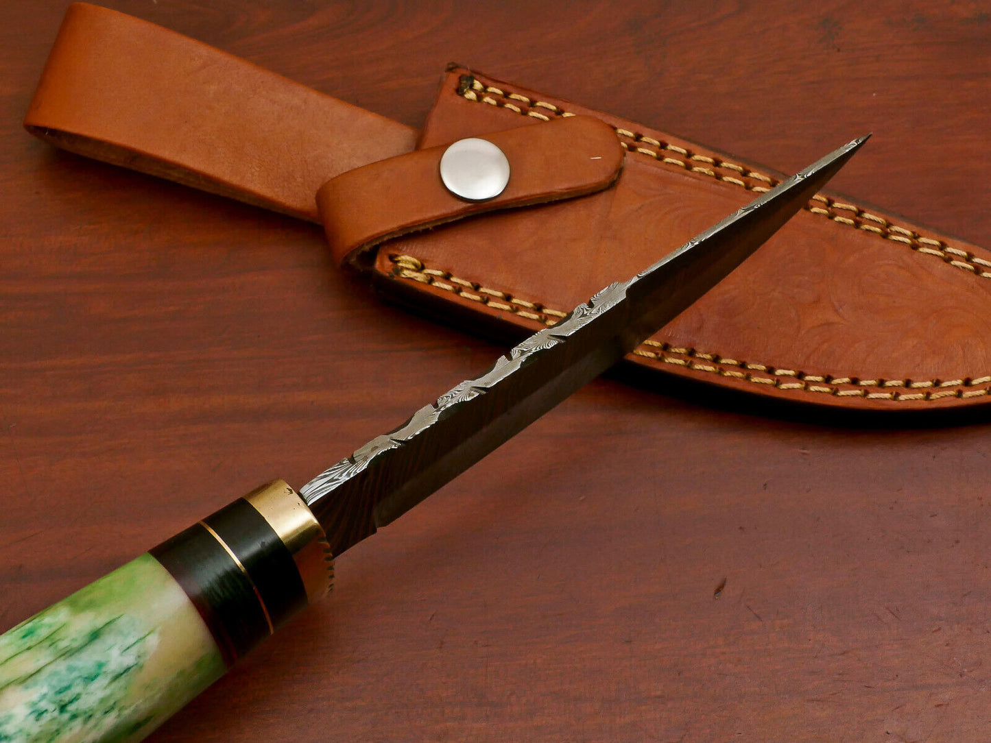 10 Inch Handmade Damascus Steel Hunting Knife with Camel Bone and Pakka Wood Handle