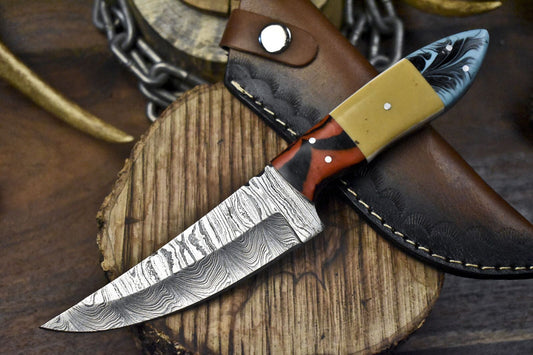Forged Damascus Skinner Knife Twist Pattern Corian Handle Micarta Guard 9" Hiking Blade