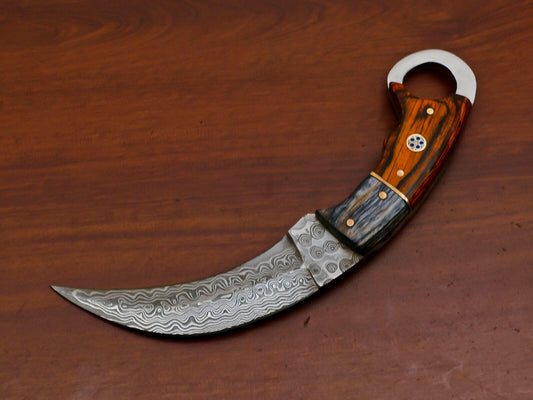 8.5 Inch Damascus Karambit Dagger Knife with Pakka Wood Handle