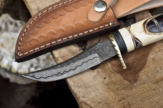 Rain Drop Damascus Skinner Knife with Polished Camel Bone Handle and Brass Guard – Handmade Tactical Blade