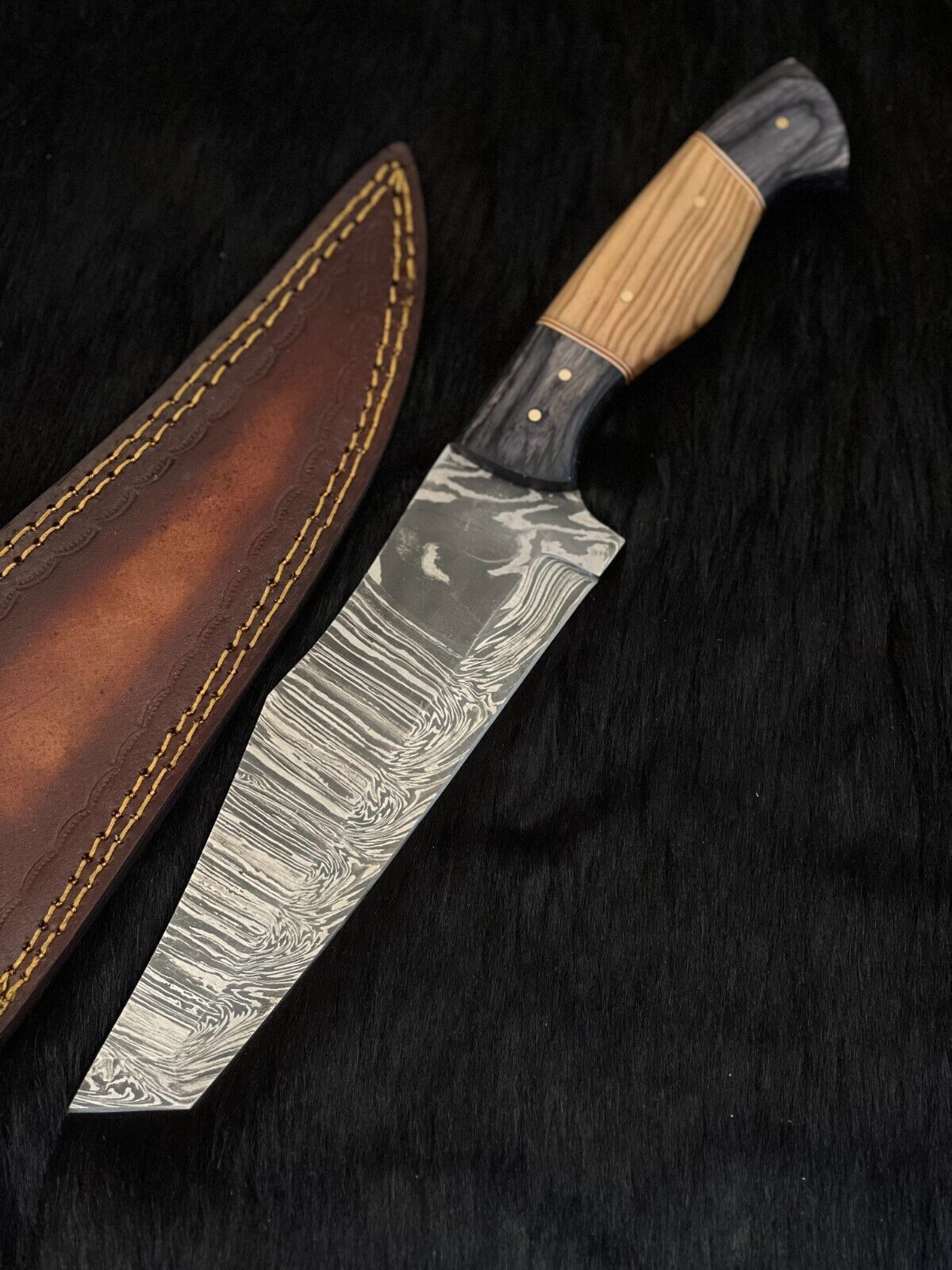 13.5 Inch Custom Twist Damascus Steel Bowie Knife with Camel Bone and Wood Handle