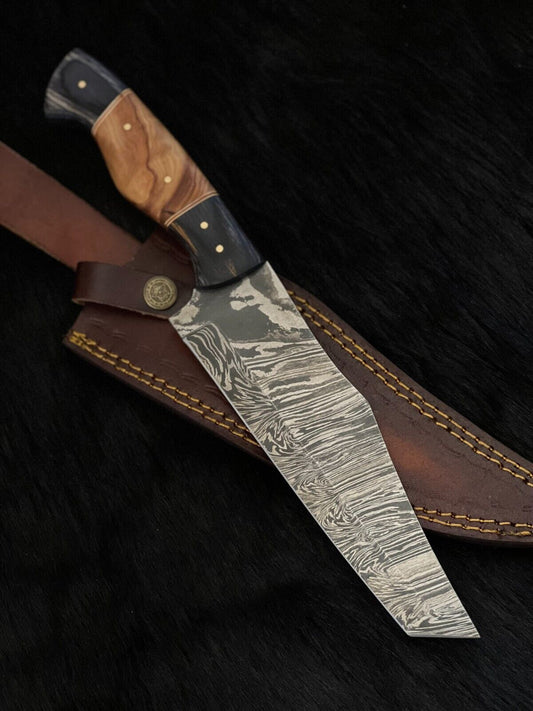 13.5 Inch Custom Twist Damascus Steel Bowie Knife with Camel Bone and Wood Handle