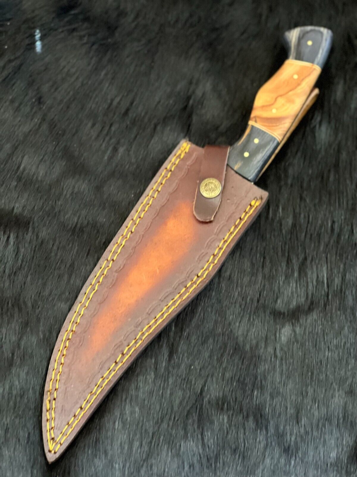 13.5 Inch Custom Twist Damascus Steel Bowie Knife with Camel Bone and Wood Handle