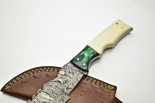 Custom Handmade Damascus Steel Tracker Knife | Camel Bone Handle with Leather Sheath
