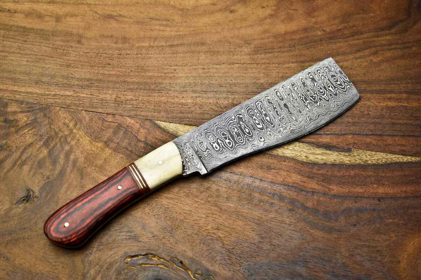 Custom Handmade Damascus Chef Knife – Full Tang Forged Blade with Wood Handle – Kitchen & Outdoor Sport Use