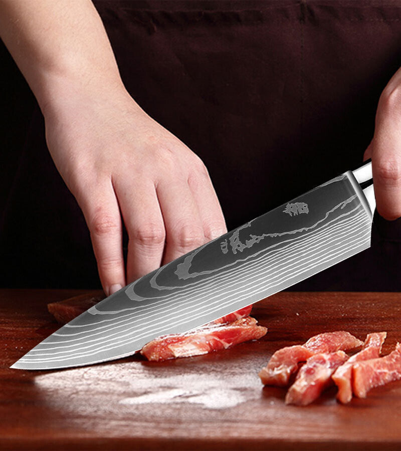 Red 8PC Japanese Kitchen Knives Set with Laser Damascus Pattern & Scabbard