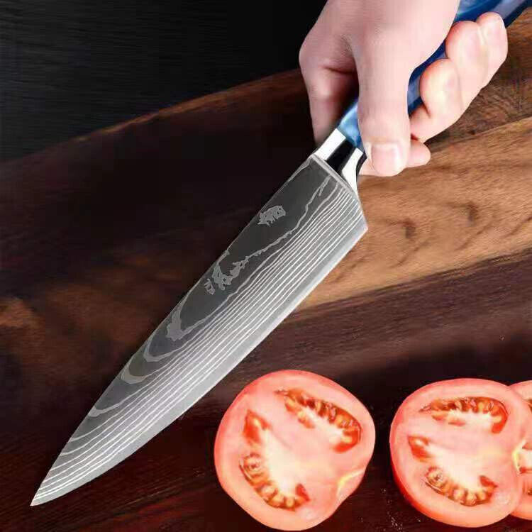 Red 8PC Japanese Kitchen Knives Set with Laser Damascus Pattern & Scabbard
