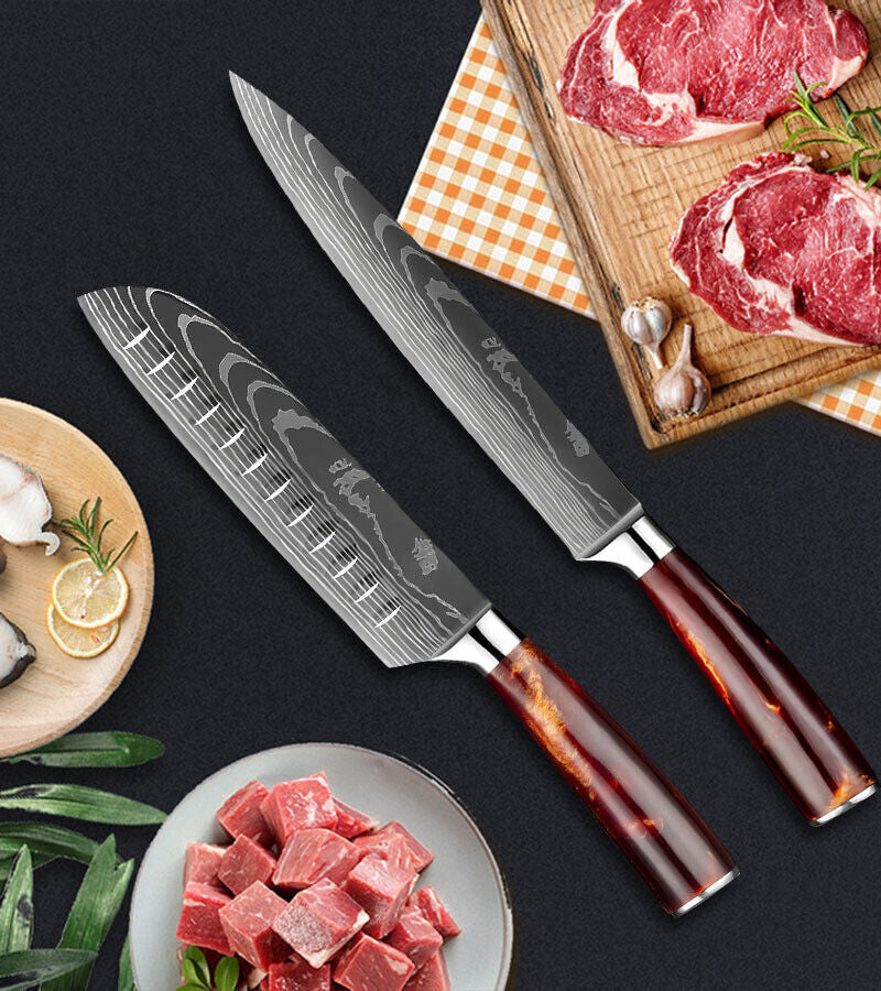 Red 8PC Japanese Kitchen Knives Set with Laser Damascus Pattern & Scabbard