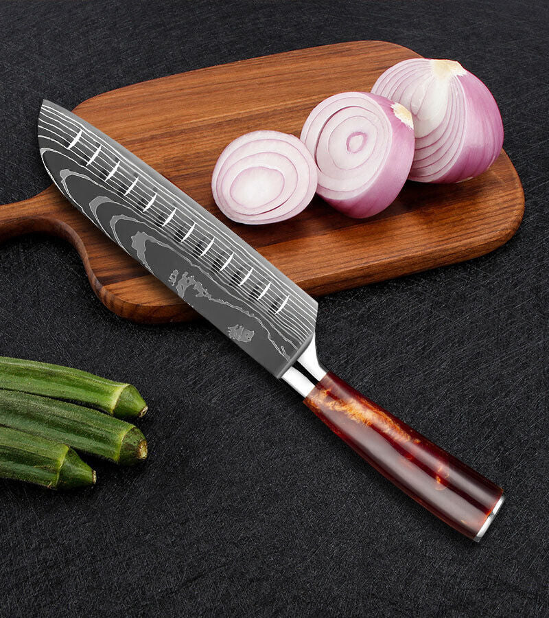 Red 8PC Japanese Kitchen Knives Set with Laser Damascus Pattern & Scabbard
