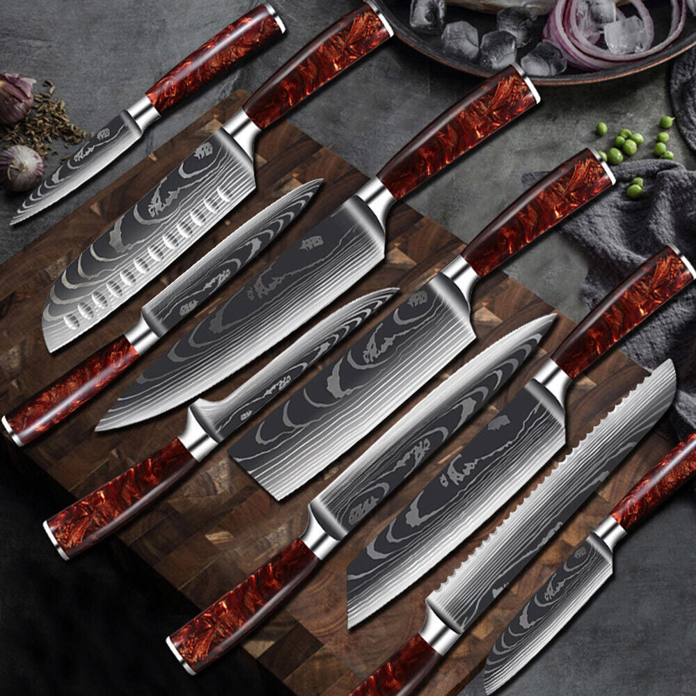 Red 8PC Japanese Kitchen Knives Set with Laser Damascus Pattern & Scabbard