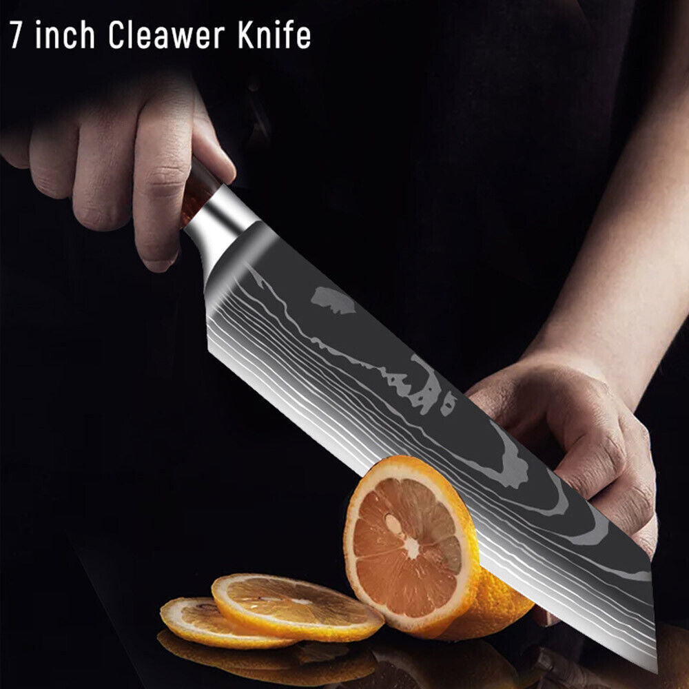 Red 8PC Japanese Kitchen Knives Set with Laser Damascus Pattern & Scabbard