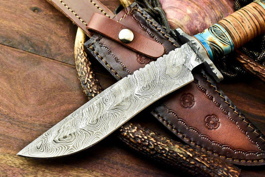 11.5" Handmade Damascus Bowie Knife – Stacked Leather Handle