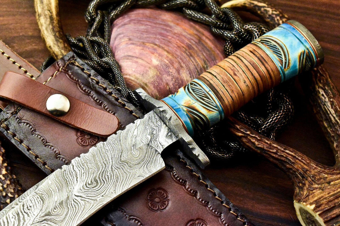 11.5" Handmade Damascus Bowie Knife – Stacked Leather Handle