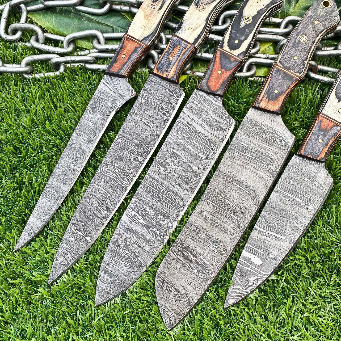 Lot of 5 Handmade Damascus Steel Full Tang Kitchen Chef Knife Set – Premium EDC Knives