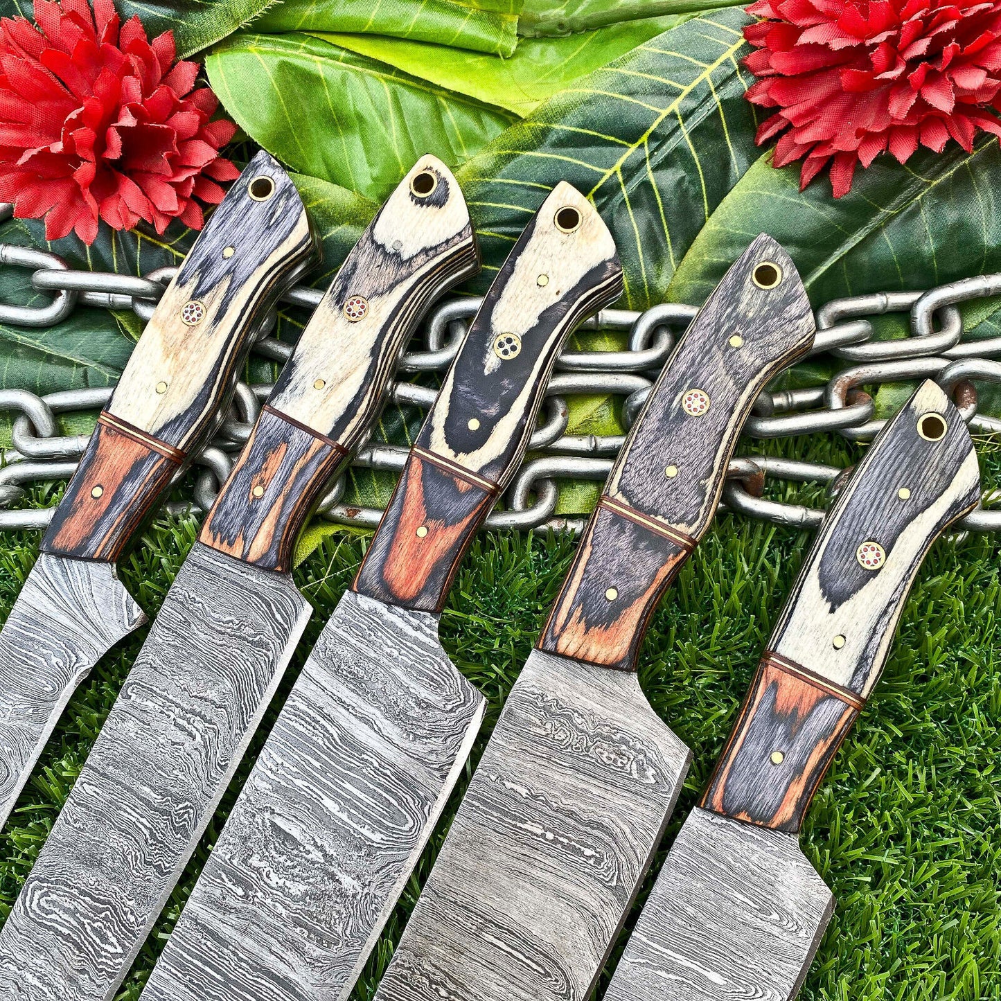 Lot of 5 Handmade Damascus Steel Full Tang Kitchen Chef Knife Set – Premium EDC Knives