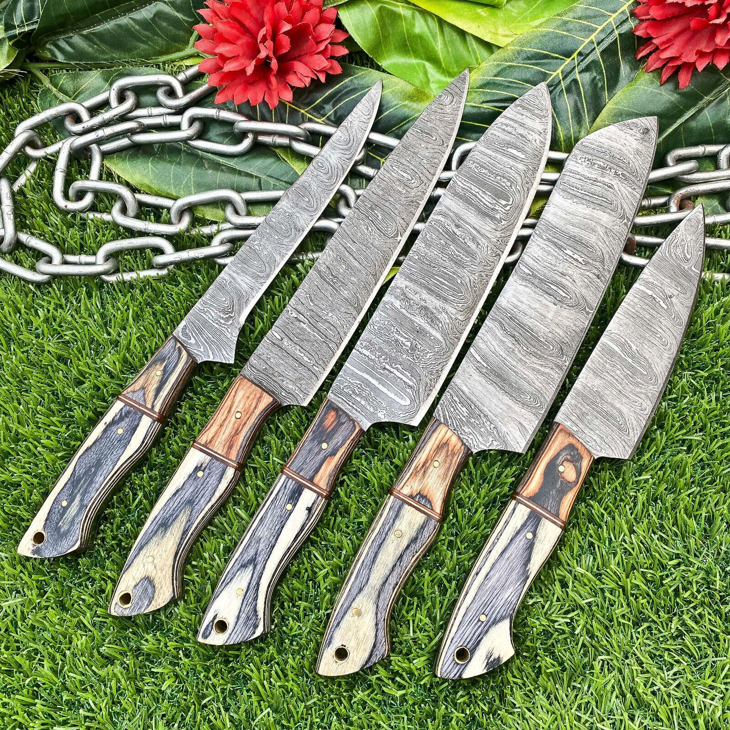 Lot of 5 Handmade Damascus Steel Full Tang Kitchen Chef Knife Set – Premium EDC Knives