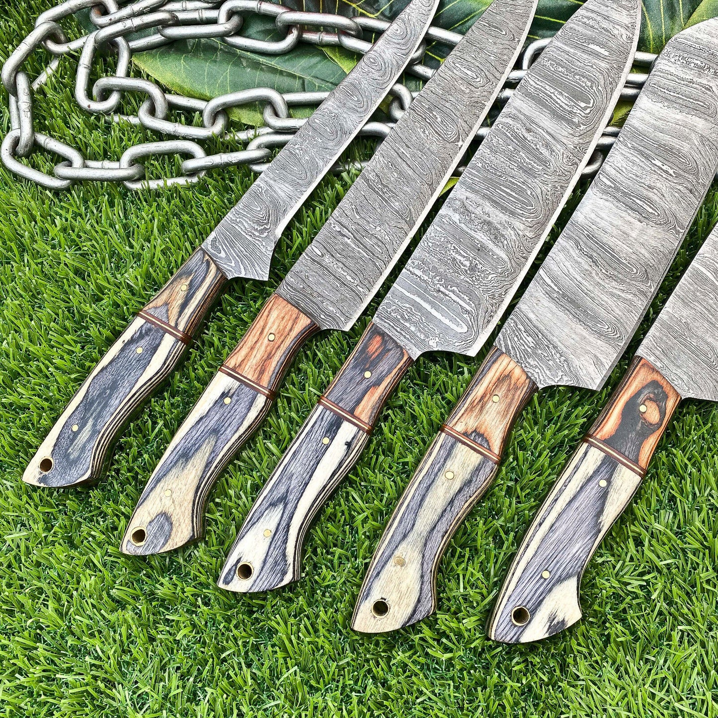 Lot of 5 Handmade Damascus Steel Full Tang Kitchen Chef Knife Set – Premium EDC Knives