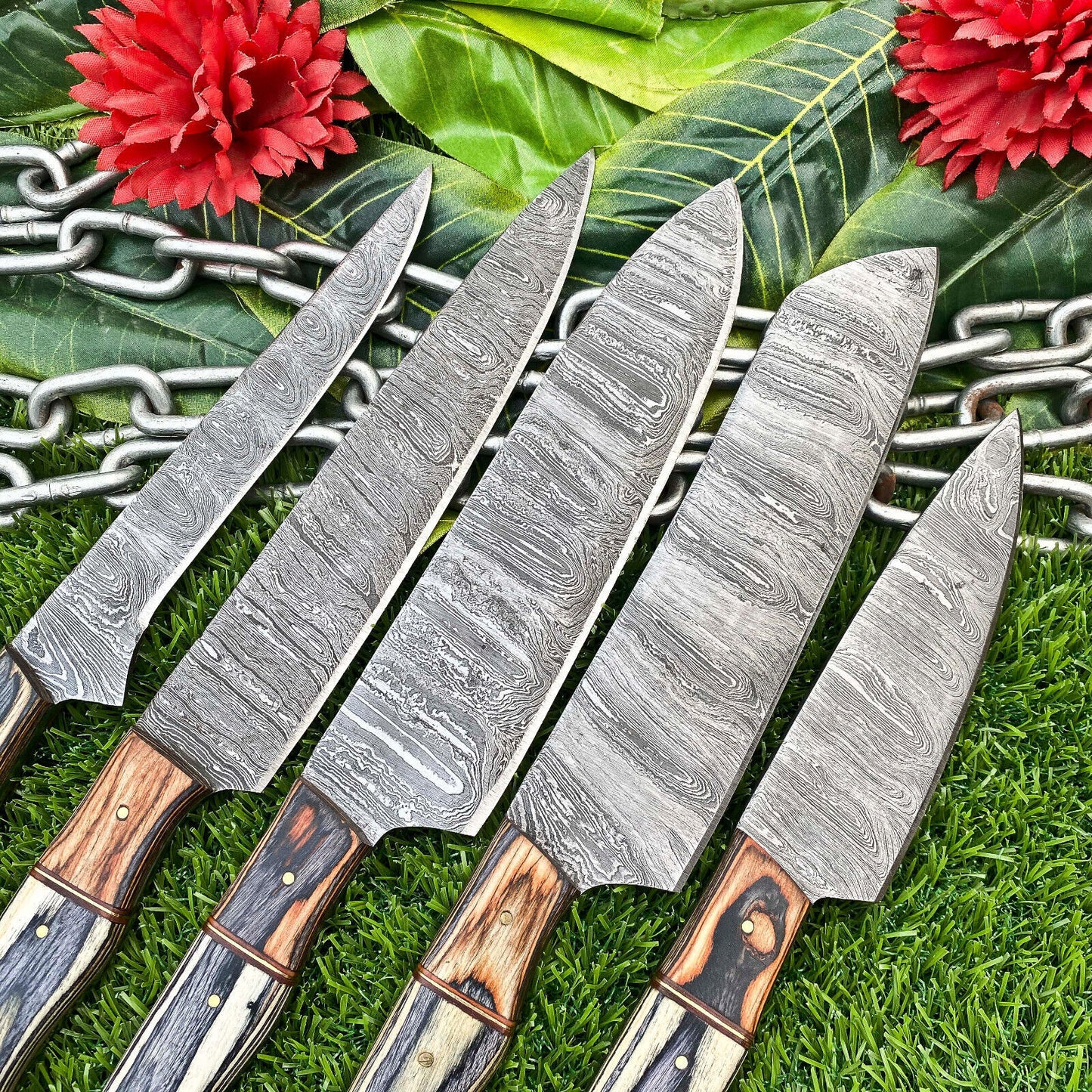 Lot of 5 Handmade Damascus Steel Full Tang Kitchen Chef Knife Set – Premium EDC Knives