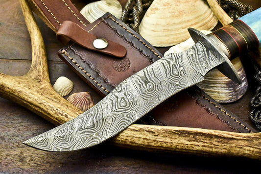 12" Handmade Damascus Bowie Knife | Camel Bone Handle + Sheath