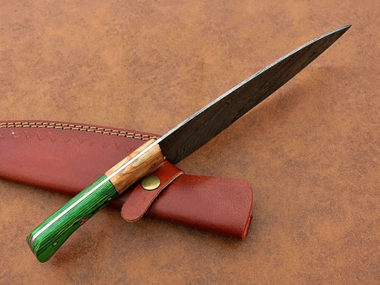 Custom Handmade Damascus Steel BBQ Chef Knife with Natural Wood Handle and Leather Sheath