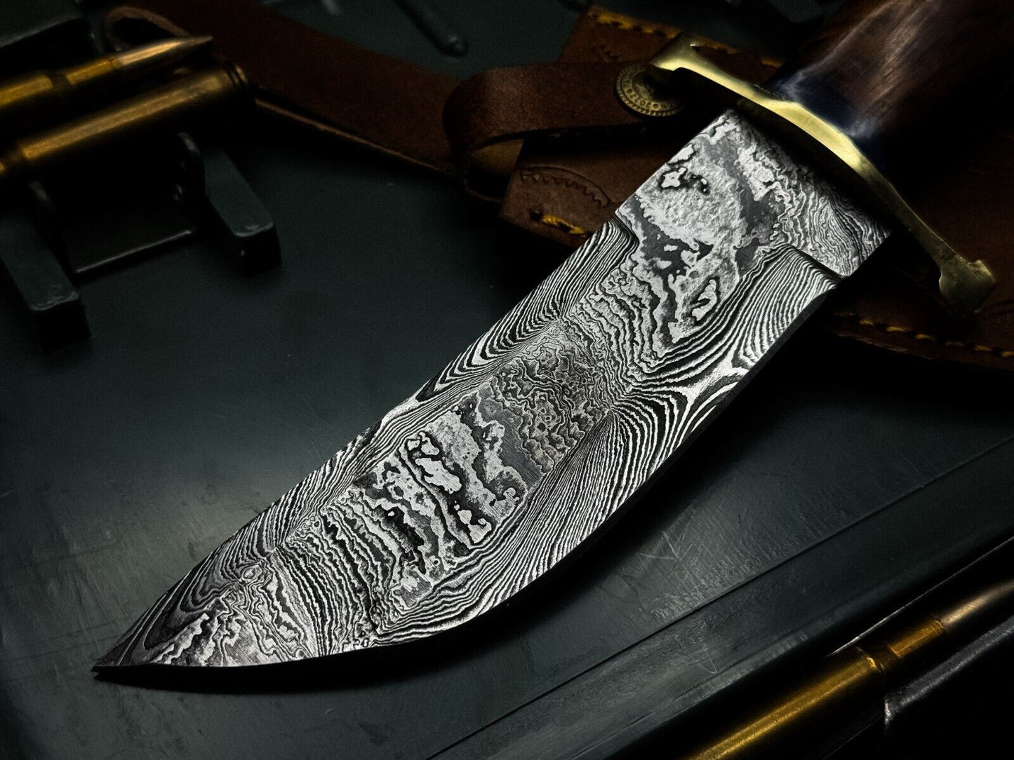 Heritage Forge Handmade Damascus Bowie Knife with Twist Hard Wood Handle and Sheath