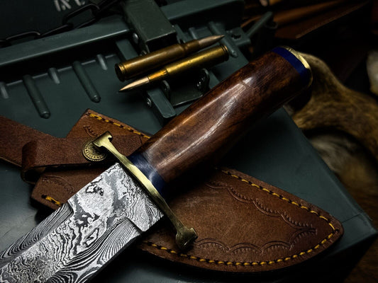 Heritage Forge Handmade Damascus Bowie Knife with Twist Hard Wood Handle and Sheath