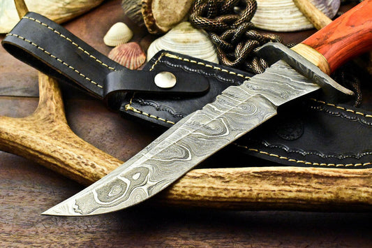12.5" Handmade Damascus Bowie Knife – Hardwood Handle & Leather Sheath