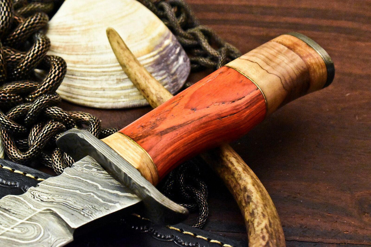 12.5" Custom Bowie Knife Damascus Steel Knife with Hard Wood Handle & Leather Sheath
