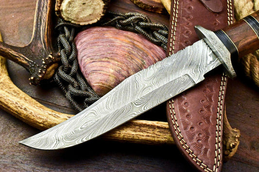 13" Handmade Damascus Bowie – Walnut Wood Hunting Knife with Leather Sheath