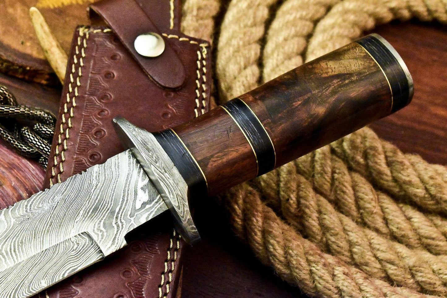 13" Handmade Damascus Bowie – Walnut Wood Hunting Knife with Leather Sheath