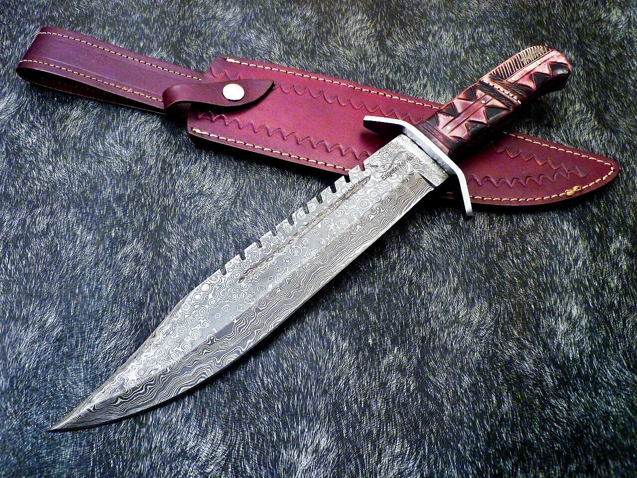 Heritage Forge 16" Handmade Damascus Steel Hunting Knife Camel Bone Handle