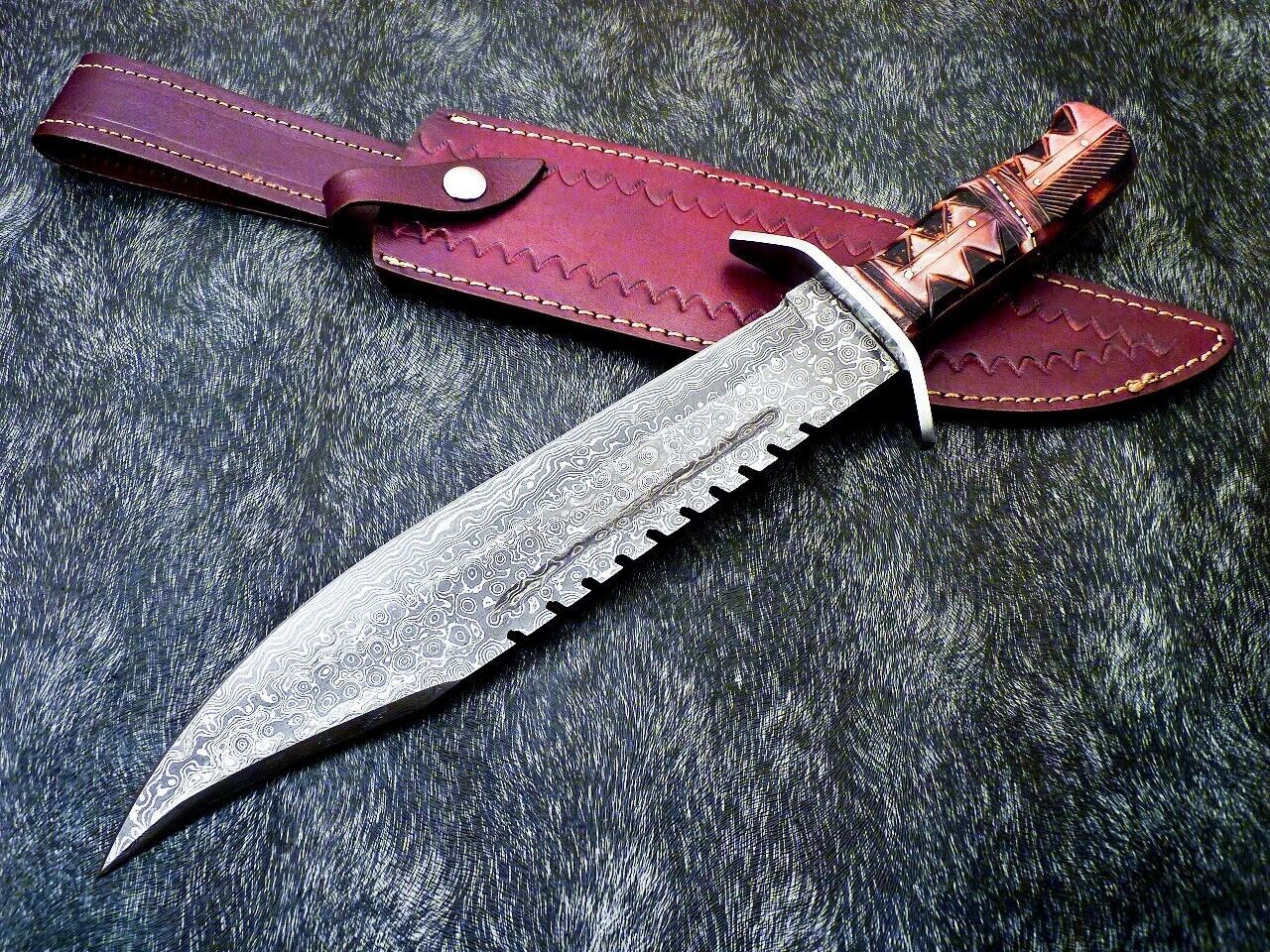 Heritage Forge 16" Handmade Damascus Steel Hunting Knife Camel Bone Handle