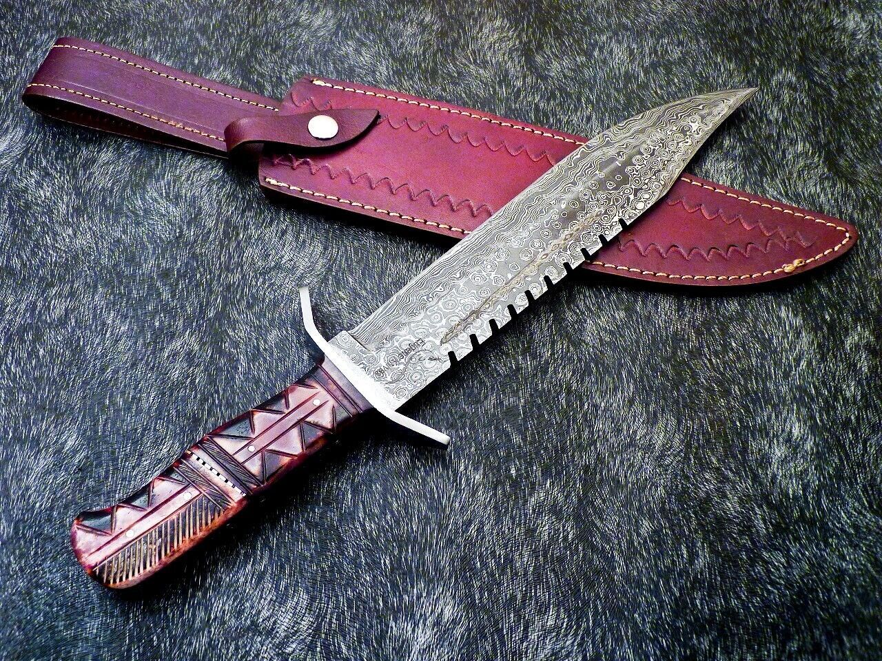 Heritage Forge 16" Handmade Damascus Steel Hunting Knife Camel Bone Handle