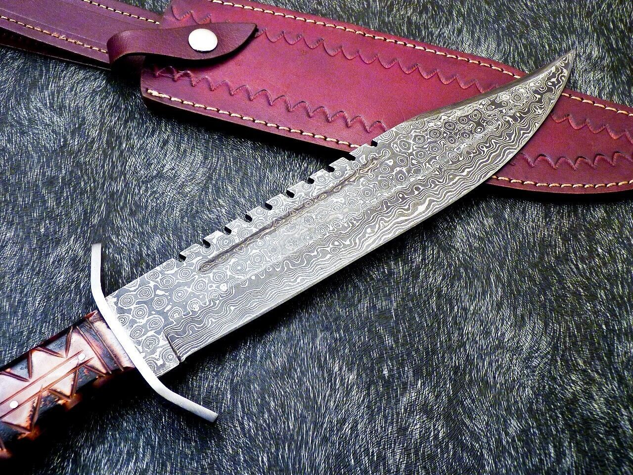 Heritage Forge 16" Handmade Damascus Steel Hunting Knife Camel Bone Handle