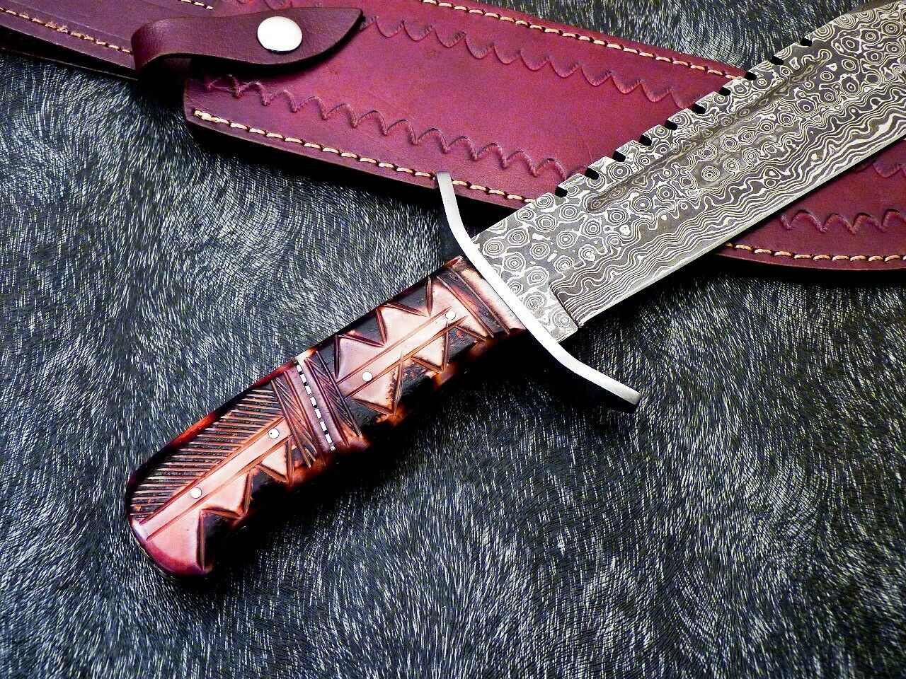 Heritage Forge 16" Handmade Damascus Steel Hunting Knife Camel Bone Handle