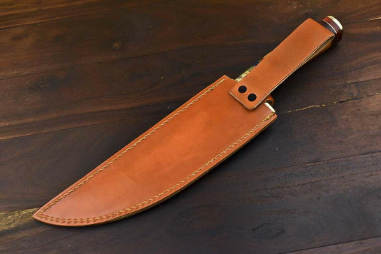 13.5" Handmade Damascus Steel Bowie Knife – Camel Bone Handle