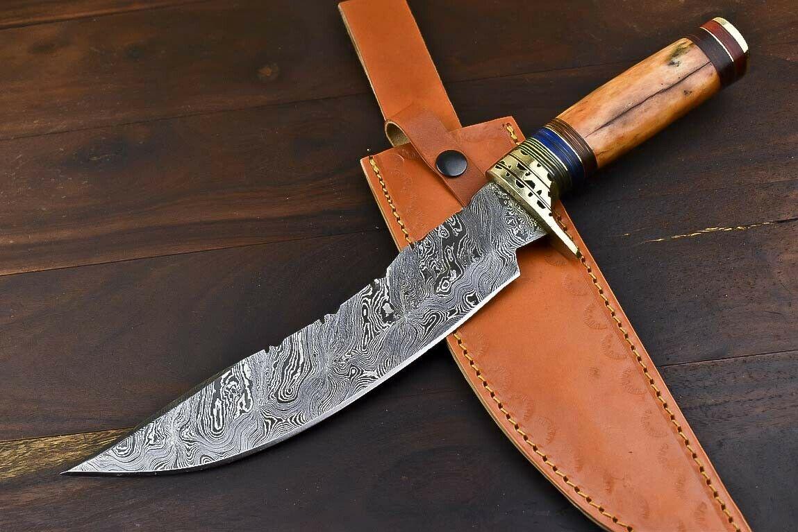 13.5" Handmade Damascus Steel Bowie Knife – Camel Bone Handle