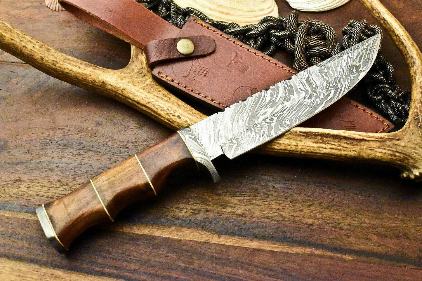12.5" Damascus Hunting Bowie Knife – Walnut Wood Handle