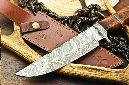 12.5" Damascus Hunting Bowie Knife – Walnut Wood Handle