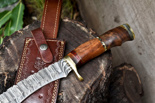 14 Inch Handmade Damascus Steel Bowie Knife with Walnut Wood Handle by Heritage Forge