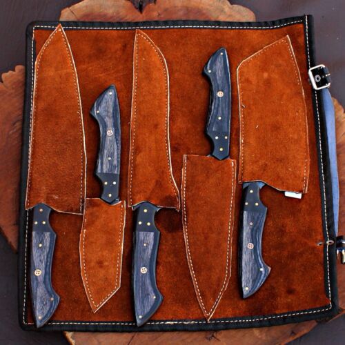 5PCS Handmade Damascus Steel Kitchen Knife Set w/ Leather Bag | Heritage Forge