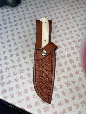 Heritage Forge Custom Damascus Baby Bowie Knife with Bone Handle and Leather Sheath