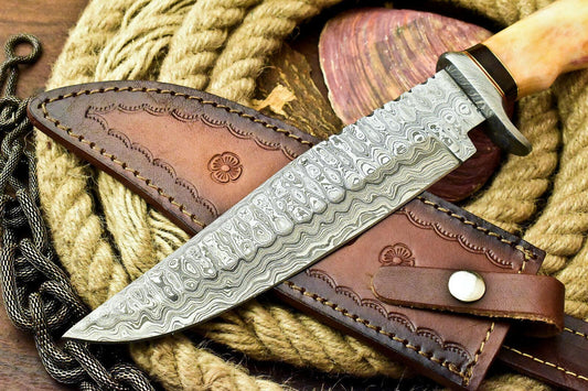 Damascus Steel Bowie Knife – Stained Camel Bone Handle, 13" Hunting Knife