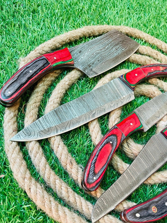 5-Piece Custom Handmade Damascus Steel Chef Knife Set with Leather Bag