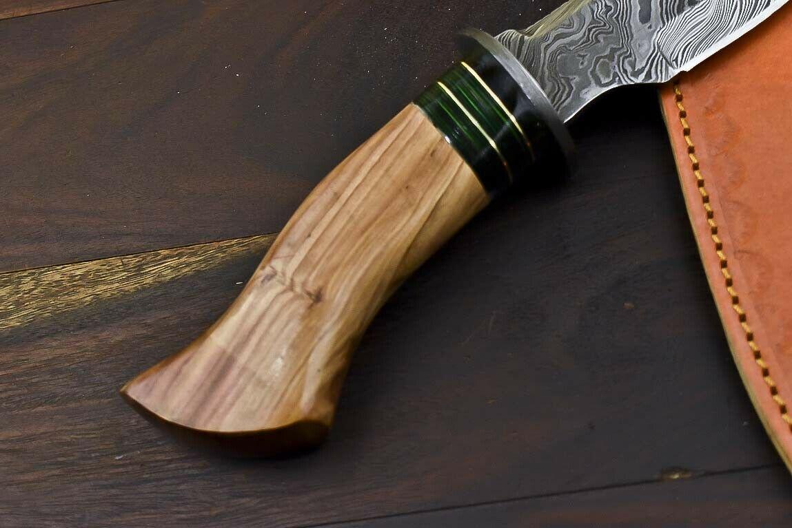 13.5" Damascus Steel Bowie Knife with Olive Wood Handle Fisher Hunter Blade