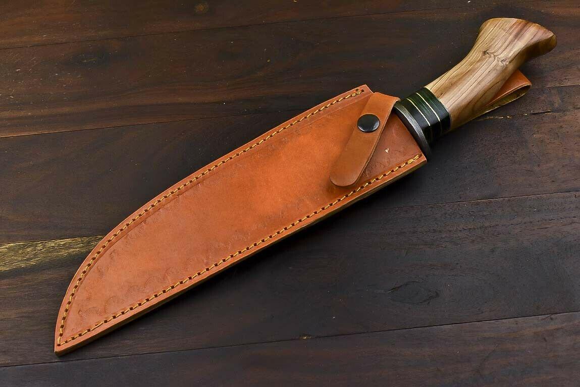 13.5" Damascus Steel Bowie Knife with Olive Wood Handle Fisher Hunter Blade