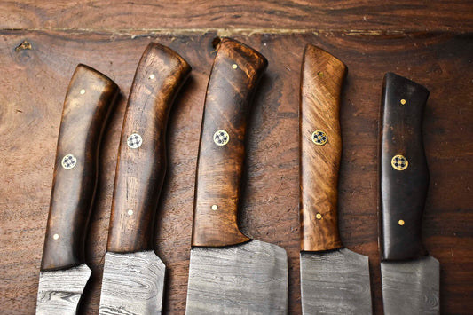 Premium Lot of 5 Handmade Hammered Damascus Steel Chef Knives – Full Tang, 10–13"