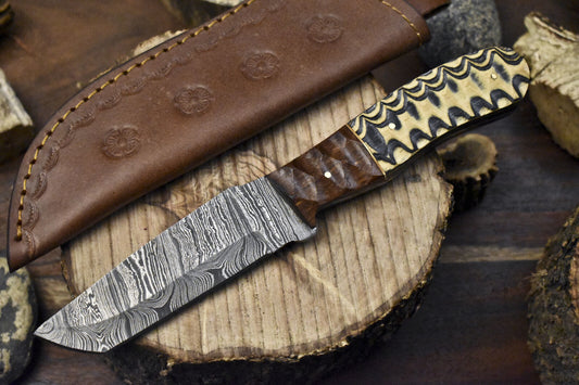 Twist Damascus Skinner Knife with Hardwood Handle and Wooden Bolster – 9 Inch Outdoor Hunting Blade with Leather Sheath
